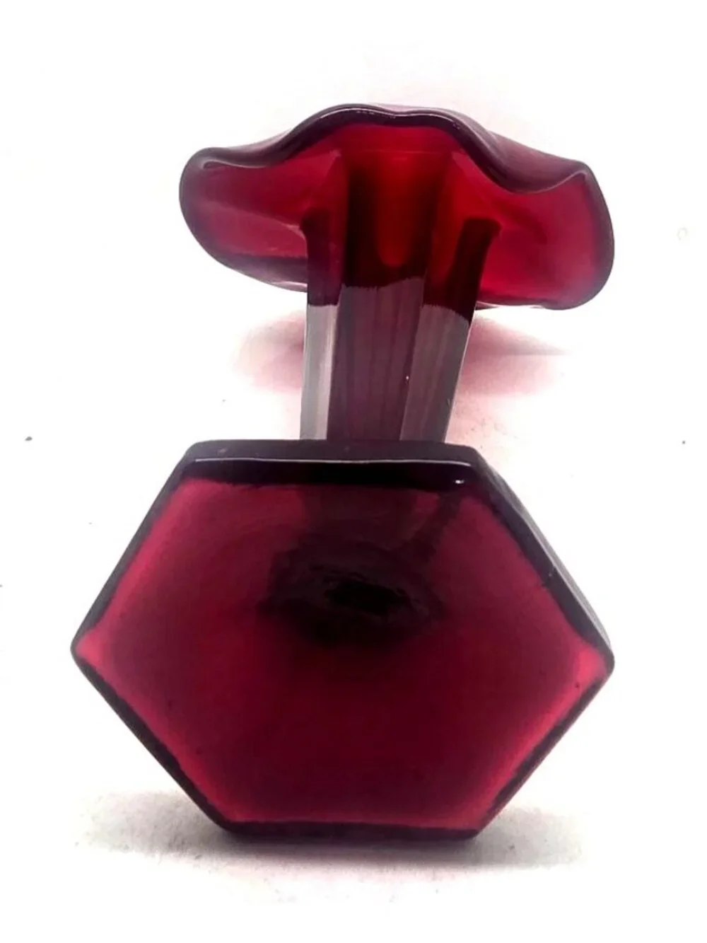 Vintage Ruby Red Glass Pedestal Vase with Flared Top & Hexagonal Base